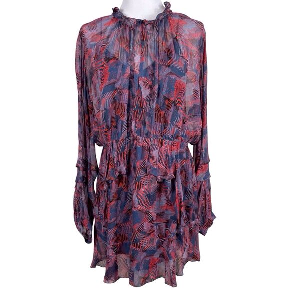 IRO Dress Size 40 (US 8) Abstract Print Red Blue Long Sleeve Ruffle Hem EUC - Picture 2 of 16